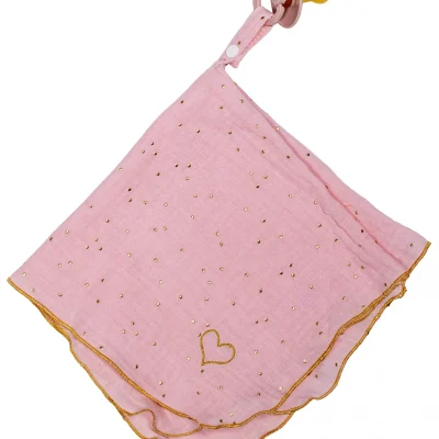 Doudoulange (doudou attache-sucette) double gaze blush pois or