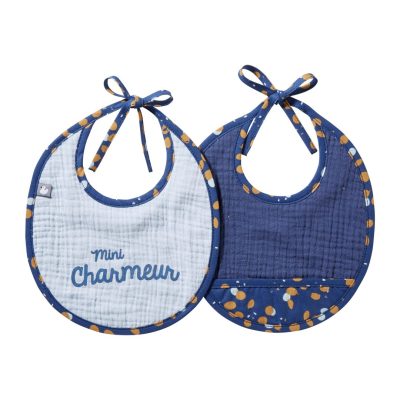 Lot de 2 bavoirs naissance en gaze de coton indigo/lagon/camel